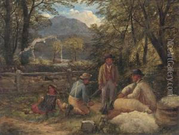 Hillside Sheep Shearing Oil Painting - John Joseph Hughes