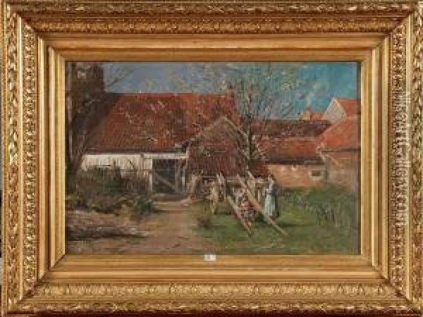 Cour De Ferme Animee Oil Painting - Charles Joseph Van Landuyt