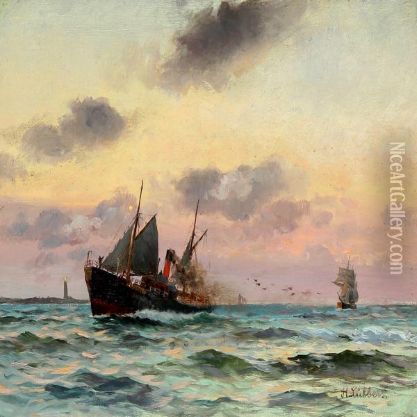 Evening Scenery With Steamer At A Lighthouse Oil Painting - Holger Peter Svane Lubbers