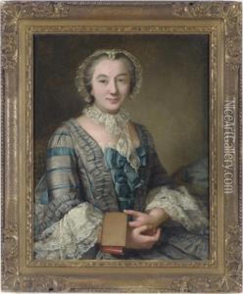 Portrait Of A Lady, Seated 
Three-quarter-length, In A Grey And Blue Dress And A Lace Bonnet, 
Holding A Book Oil Painting - Donatien Nonnotte