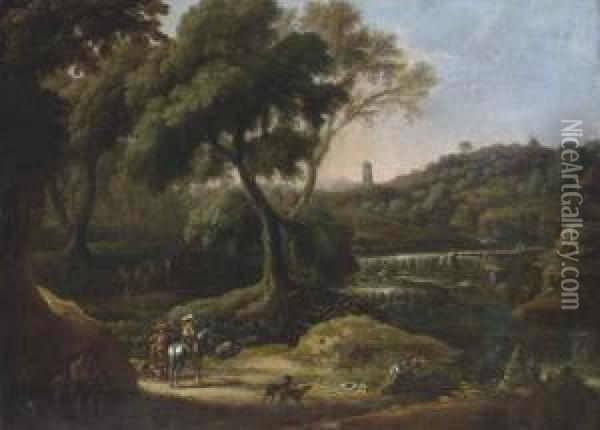 An Extensive Landscape With A Waterfall And Figures Shooting With Dogs And Horses Oil Painting - Johann Eismann