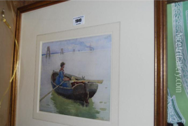 Figure In An Open Boat, Possibly On The River Mersey Oil Painting - James W. Milliken