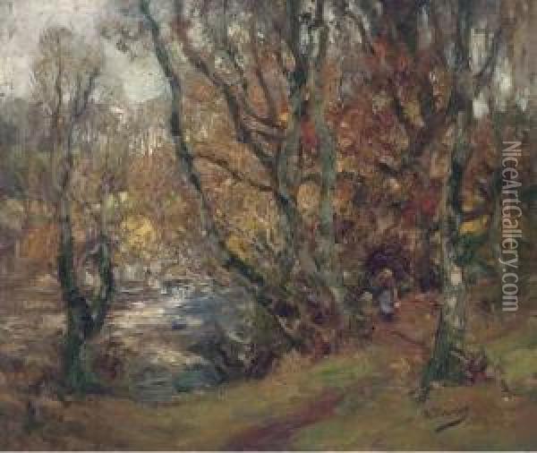 A Figure In A Wooded River Landscape Oil Painting - William Mouncey