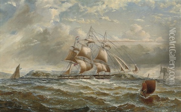 A British Merchantman Running Down The Firth Of Clyde In A Stiff Breeze, The Cloch Lighthouse Off Her Port Bow Oil Painting - George Alexander Napier