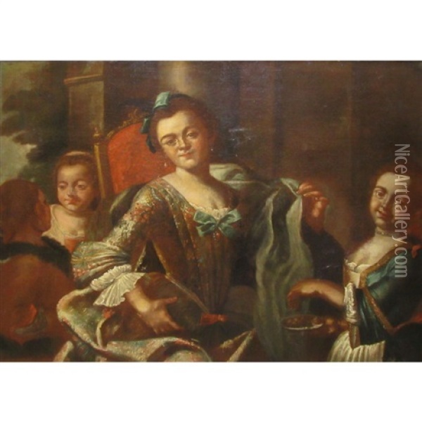 A Lady With Her Daughters Oil Painting - Giuseppe Bonito