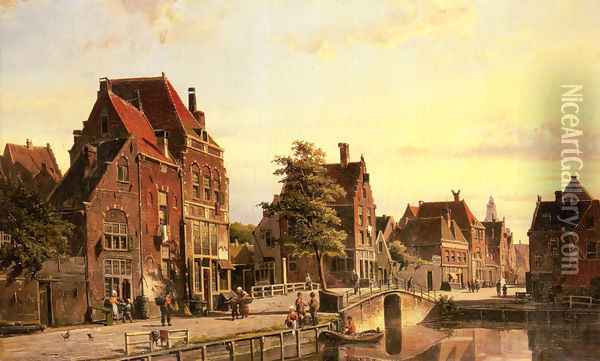 Figures by a Canal in a Dutch Town Oil Painting - Willem Koekkoek