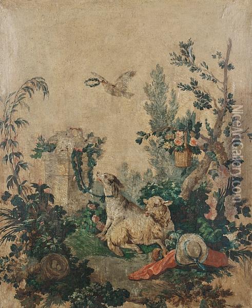 Dog And Game Birds Before Trees; A Dog Andsheep Before Trees Oil Painting - Jean-Baptiste Huet I