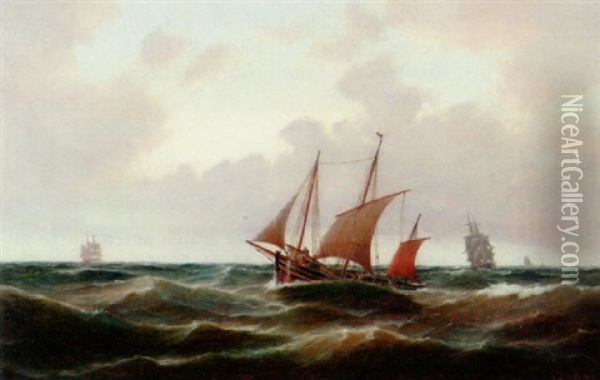 Marine Med Fiskerbad I Forgrunden Oil Painting - Carl Ludwig Bille