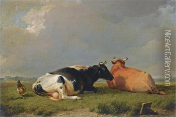 Cows At Rest In A Summer Landscape Oil Painting - Eugene Joseph Verboeckhoven