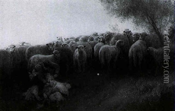 Sheep Shearing At Dusk Oil Painting - Hermann Herzog