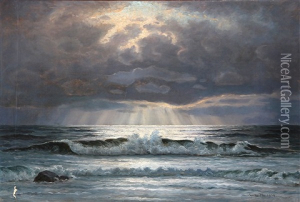 Efter En Regnfuld Dag Bryder Solen Igennem Skylaget Oil Painting - Ludvig Mogelgaard