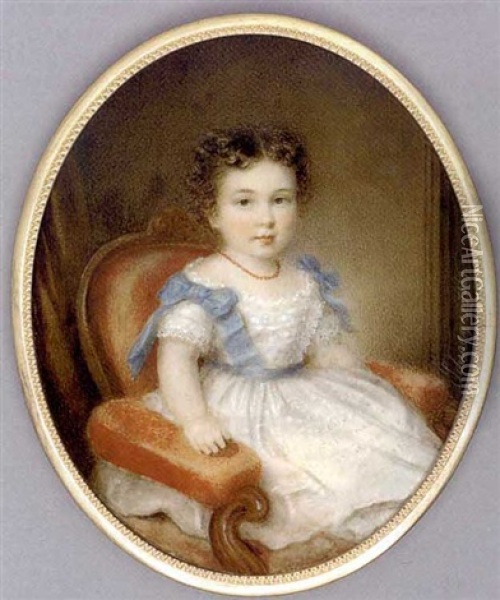 A Child, Theodor, Aged Two, Seated In A Red Upholstered Wooden Chair, In White Dress With Lace-trimmed Bodice And Sleeves, Blue Sash And Bows At Shoulders, Coral Necklace, Curling Brown Hair Oil Painting - Richard Schwager