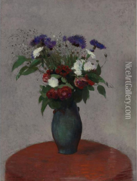 Fleurs Sur Une Nappe Rouge Oil Painting - Odilon Redon