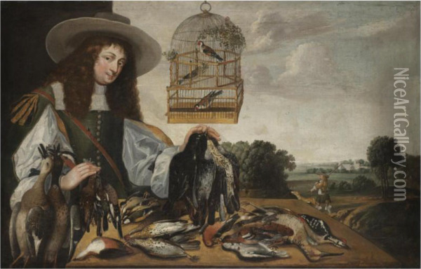 A Huntsman With The Spoils Of The Chase And Three Finches In Abirdcage Oil Painting - Stephan Kessler