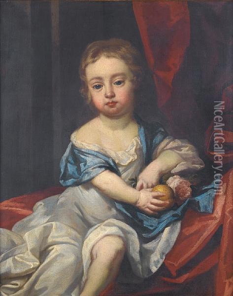 Portrait Of A Young 
Child,three-quarter-length, Holding A Rose And A Lemon, Seated Before 
Ared Curtain Oil Painting - Sir Godfrey Kneller