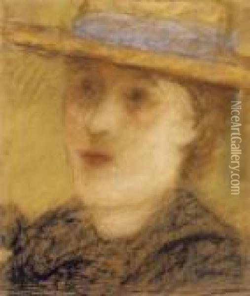 Straw - Hatted Woman Oil Painting - Jozsef Rippl-Ronai