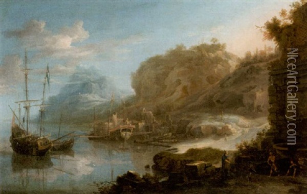 A Coastal Inlet With Moored Shipping And Figures On The Shore Oil Painting - Jan Peeters the Elder