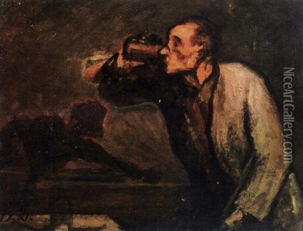 Joueurs De Billard (le Buveur) Oil Painting - Honore Daumier