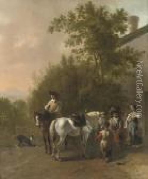 Travellers On Horseback Resting In An Italianate Landscape Oil Painting - Karel Dujardin