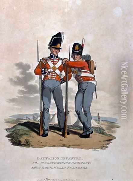 Battalion Infantry 6th Regiment and 23rd or Royal Welsh Fusiliers, from Costumes of the Army of the British Empire, according to the last regulations 1812, engraved by J.C. Stadler, published by Colnaghi and Co. 1812-15 Oil Painting - Charles Hamilton Smith