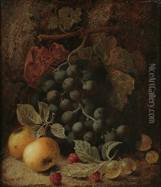 Still Life Of Grapes, Apples And Raspberries On A Mossy Bank Oil Painting - Oliver Clare