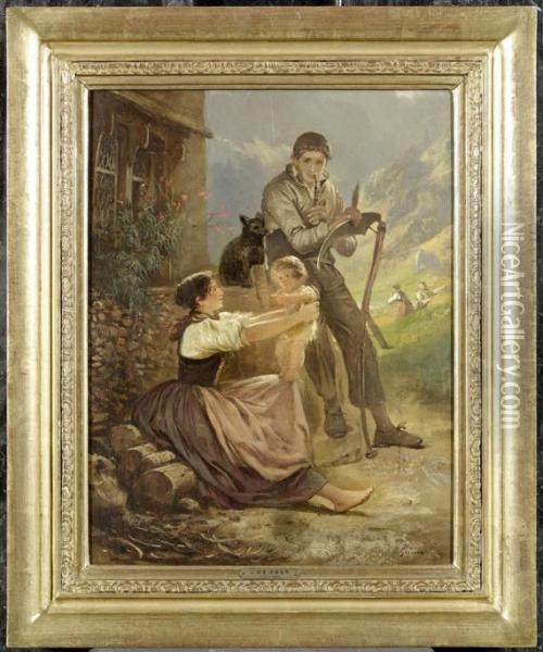 A Peasant Family Oil Painting - Johann Joseph Geisser