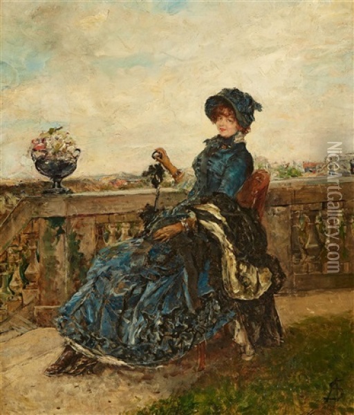 Elegant Lady On A Patio Oil Painting - Alfred Stevens