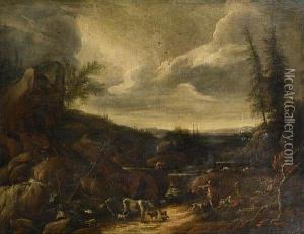 A Rocky River Landscape With Drovers And Their Flock Resting Beside A Waterfall Oil Painting - Gaetano De Rosa