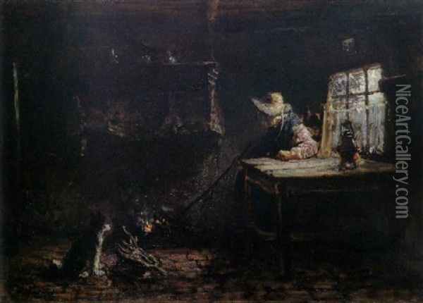 Old Woman Near Fireplace Oil Painting - Jozef Israels