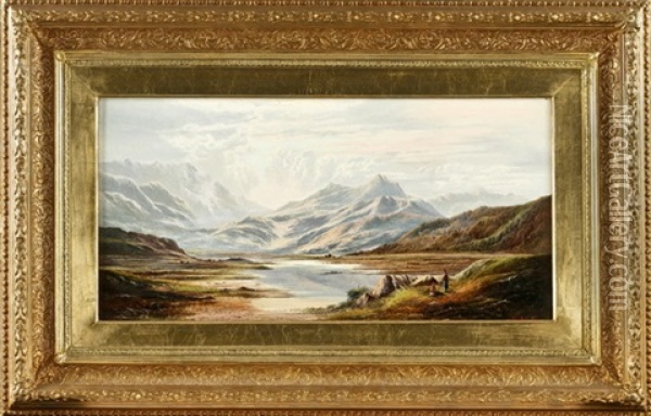 Hirtenpaar Mit Schafherde In Den Schottischem Highlands Vor Felsenpanorama Oil Painting - Charles Leslie