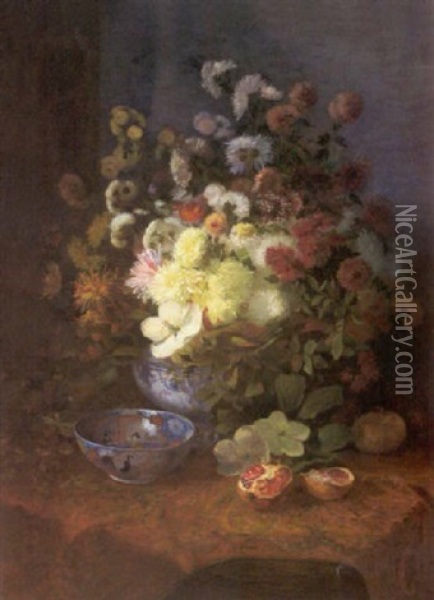 Vase De Fleurs, Coupe En Porcelaine Et Grenade Sur Un Chale Indien Oil Painting - Eugene Louis Charpentier