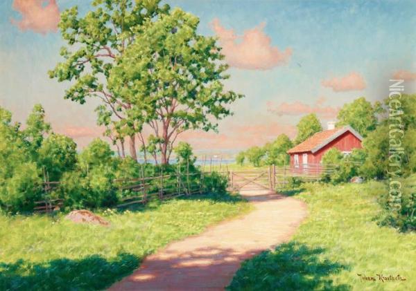 Landscape With A Red Cottage Oil Painting - Johan Krouthen