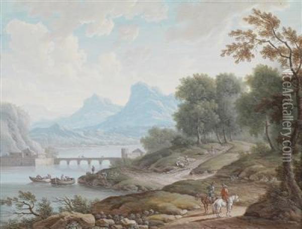 Berglandschaft Mit Wanderern An Einem Flus; Berglandschaft Mit Wanderers An Einer Brucke Oil Painting - Johann Christoph Dietzsch