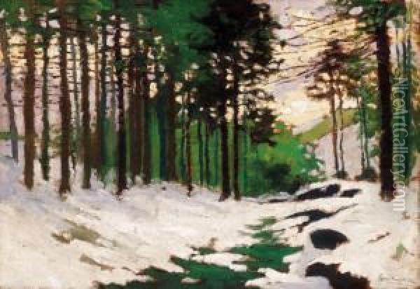 Snowy Pine Forest Oil Painting - Jeno Kuszka