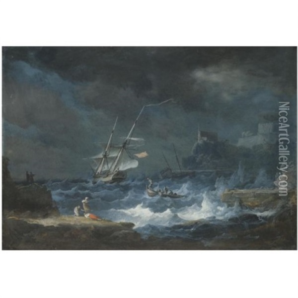 A Coastal Scene With Ships Weathering A Storm Oil Painting - Alexandre Jean Noel