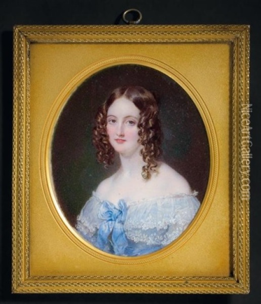Portrait De Jeune Femme En Robe De Soie Bleu-ciel Bordee De Dentelles Et Coiffee D'anglaises Oil Painting - Sir William Charles Ross