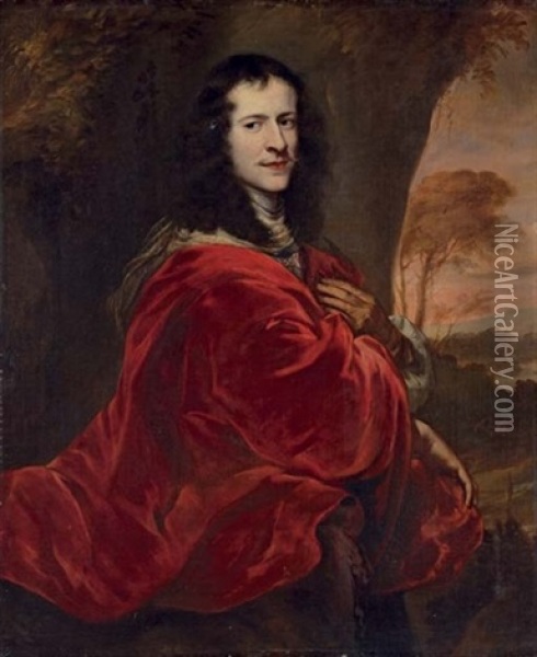 Portrait Of A Gentleman In A Red Cloak, Before A Landscape Oil Painting - Juergen Ovens