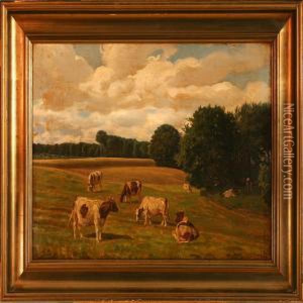 Summer Landscapewith Grazing Cows Oil Painting - Rasmus Christiansen