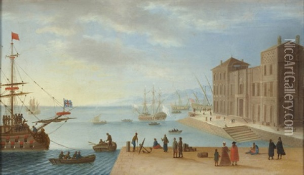 Deux Vues De Ports Mediterraneens Imaginaires (2 Works) Oil Painting - Orazio Grevenbroeck