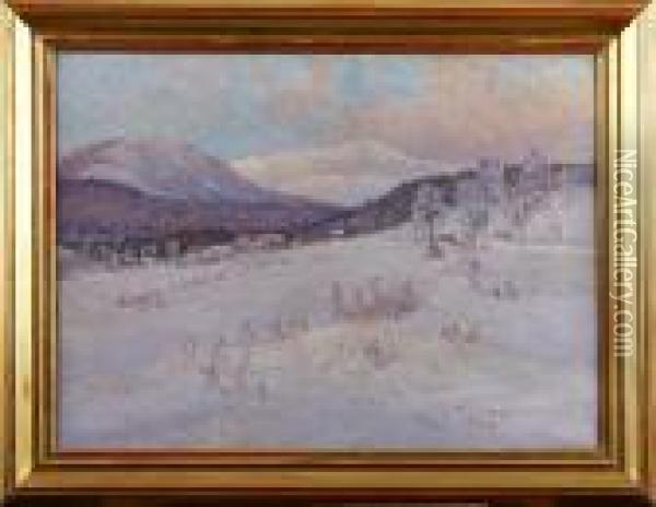 Vinterlandskap Med Stugor Oil Painting - Anton Genberg