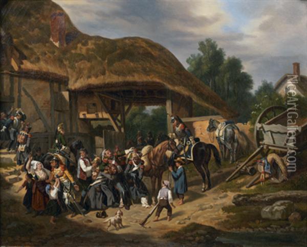Soldats Sortant D'une Auberge Oil Painting - Joseph-Louis Hippolyte Bellange