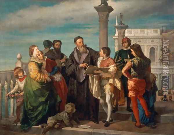 The Meeting Between Titian (1488-1576) and Veronese (1528-88) on the Ponte della Paglia Oil Painting - Antonio Zona