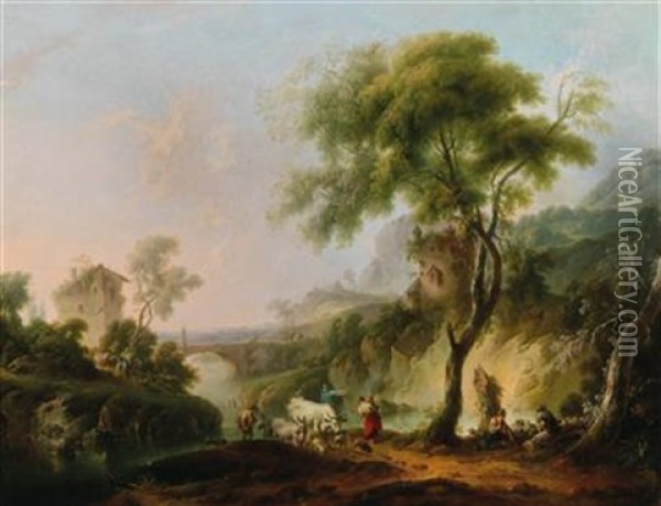 A Mediterranean Landscape With Shepherds And Their Flock Oil Painting - Michael Wutky