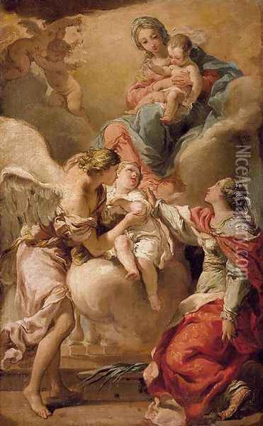 St Giustina and the Guardian Angel Commending the Soul of an Infant to the Madonna and Child 1792-93 Oil Painting - Gaetano Gandolfi