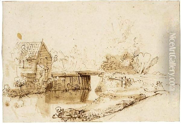 Landscape With A Draughtsman Seated By A River, A Bridge And A Cottage Behind Oil Painting - Nicolaes Maes