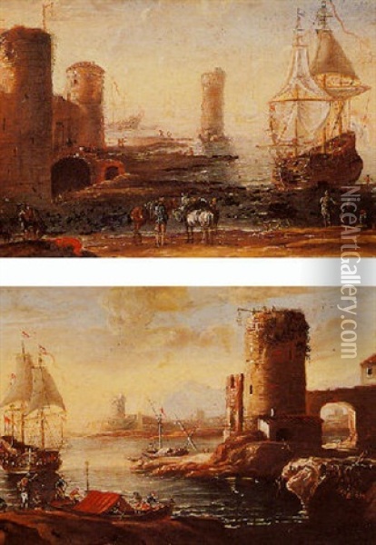 A Dutch Sailing Vessel In An Italianate Harbour With Travellers And Their Horses On The  Quay Oil Painting - Orazio Grevenbroeck