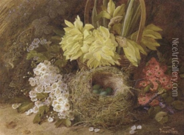 May Blossom, Violets, Primroses, Daffodils In A Wicker Basket, And Eggs In A Bird's Nest, On A Mossy Bank Oil Painting - Vincent Clare