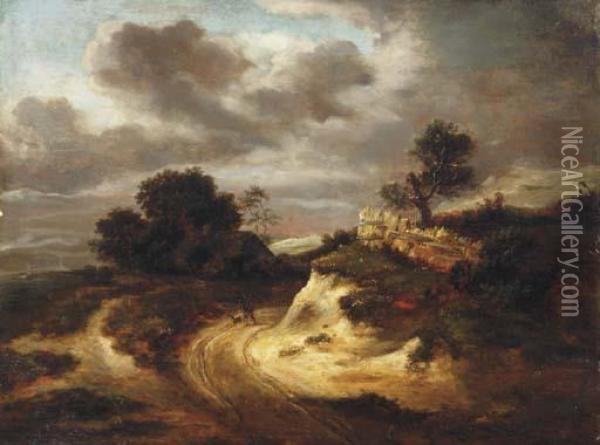 A Traveller And Dog On A Path In A Stormy Landscape Oil Painting - Jacob Van Ruisdael