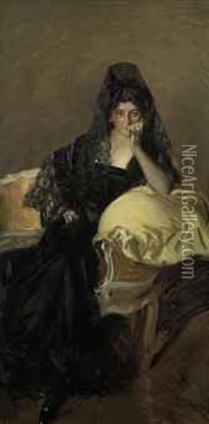 Portrait Of Senora De Urcola Wearing A Black Mantilla Oil Painting - Joaquin Sorolla Y Bastida