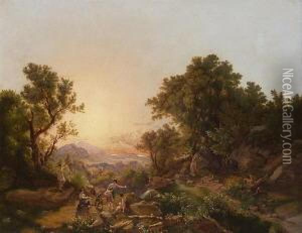Ideale Landschaft Mit Lagernden Und Jagenden Nymphen Dianas. Oil Painting - Karoly Telepy